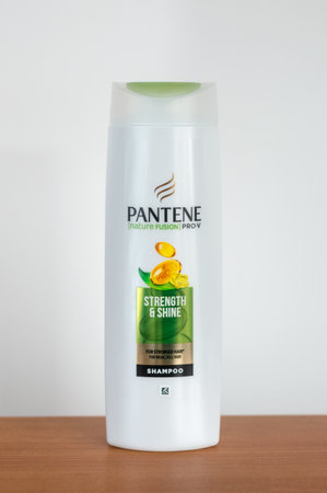 Pruszcz Gdanski, Poland - March 12, 2019: Hair shampoo Pantene Nature fusion Pro-V Strength & Shine.のeditorial素材