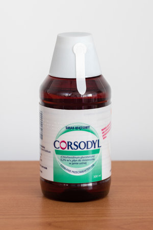 Pruszcz Gdanski, Poland - April 15, 2019: Corsodyl mouthwash with mint flavor.のeditorial素材