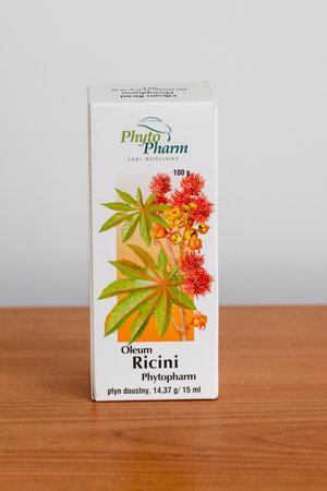 Pruszcz Gdanski, Poland - April 15, 2019: PhytoPharm Oleum Ricini. Medicinal product with a laxative effect obtained from the seeds of castor oil plant.のeditorial素材
