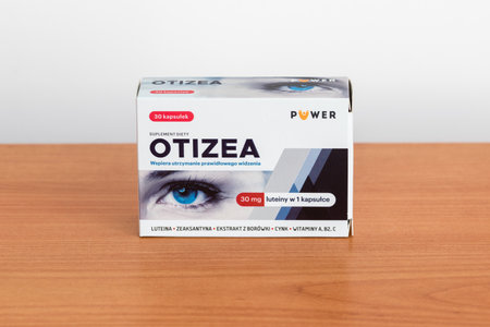 Pruszcz Gdanski, Poland - April 15, 2019: Otizea dietary supplement with lutein supporting the...