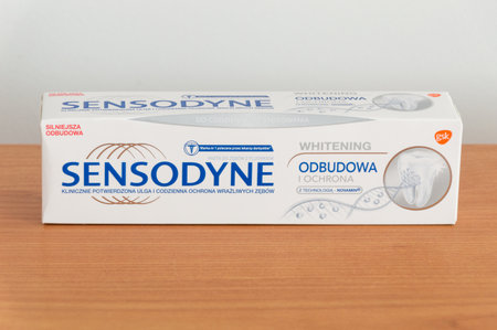 Pruszcz Gdanski, Poland - April 30, 2019: Sensodyne whitening odbudowa i ochrona toothpaste.のeditorial素材