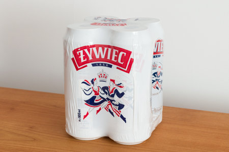Pruszcz Gdanski, Poland - April 30, 2019: 4 pack of aluminium cans of Zywiec beer.のeditorial素材