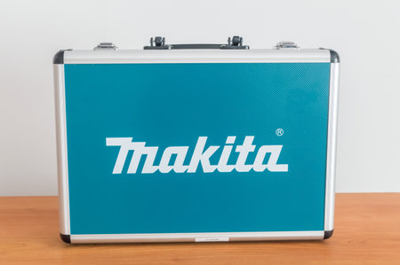 Pruszcz Gdanski, Poland - April 30, 2019: Box with Makita drill set for hammer drill.のeditorial素材