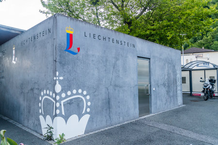 Vaduz, Liechtenstein - June 1, 2019: Building with Liechtenstein sign in city center of Vaduz.のeditorial素材