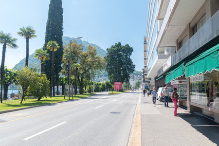 Lugano, Switzerland - June 1, 2019: Riva Antonio Caccia street in Lugano.のeditorial素材
