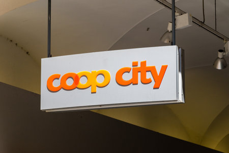 Lugano, Switzerland - June 1, 2019: Logo and sign of Coop city market.のeditorial素材