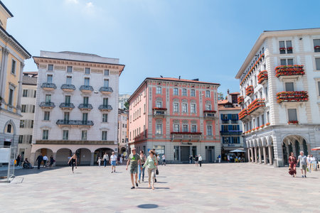 Lugano, Switzerland - June 1, 2019: View of Piazza Riforma square.のeditorial素材