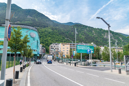 Escaldes-Engordany, Andorra - June 3, 2019: Border road between to two city in Andorra country. Border between Escaldes-Engordany and Andorra city.のeditorial素材