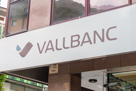 Andorra la Vella, Andorra - June 3, 2019: Logo and sign of Vallbanc.のeditorial素材