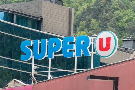 Andorra la Vella, Andorra - June 3, 2019: Close-up for logo and sign of Super U. Super U is supermarket.のeditorial素材