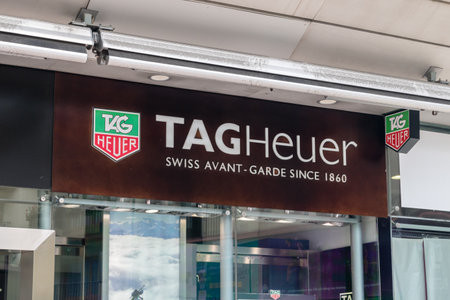 Andorra la Vella, Andorra - June 3, 2019: Close-up for logo and sign of TAG Heuer swiss avant garde.のeditorial素材