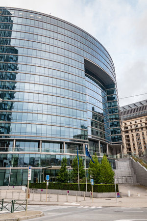 Brussels, Belgium - June 5, 2019: View of modern building Lex. Lex is a high-rise of government offices in the European Quarter of Brussels.のeditorial素材