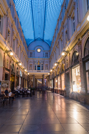 Brussels, Belgium - June 5, 2019: Interior view of Royal galleries of Brussels Saint-Hubert at nightのeditorial素材
