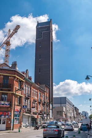 Brussels, Belgium - June 6, 2019: View of tower on the Chaussee de Ninove street at sunny day.のeditorial素材