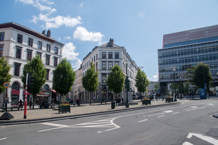 Brussels, Belgium - June 6, 2019: Saint-Jean square with statue of Gabrielle Petit.のeditorial素材