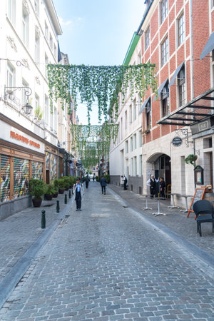 Brussels, Belgium - June 6, 2019: Narrow street in center of Brussels.のeditorial素材