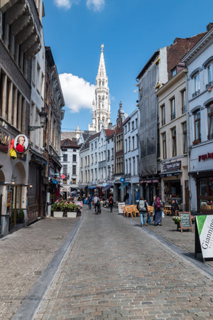 Brussels, Belgium - June 6, 2019: Street with restaurants in old town of Brussels.のeditorial素材