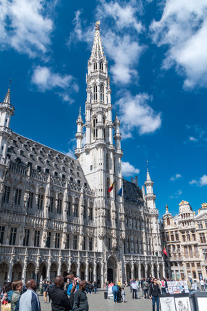 Brussels, Belgium - June 6, 2019: View with Tower of Brussels City Hall from Central square in old town of Brussels.のeditorial素材