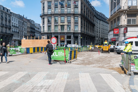 Brussels, Belgium - June 6, 2019: Road renovation in the center of Brussels.のeditorial素材