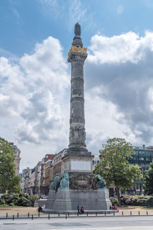 Brussels, Belgium - June 6, 2019: Back view of the Congress column in Brussels, Belgium. The Congress Column is a monumental column situated on the Place du Congresplein.のeditorial素材