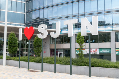 Brussels, Belgium - June 6, 2019: I love SJTN sign.のeditorial素材