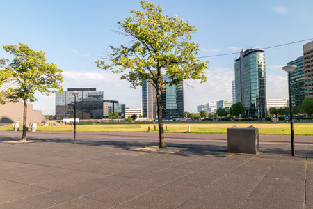 Amsterdam, Netherlands - June 6, 2019: Sidewalks of modern buildings near the Johan Cruyff Arena.のeditorial素材