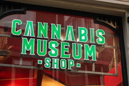 Amsterdam, Netherlands - June 6, 2019: Cannabis Museum shop sign.のeditorial素材