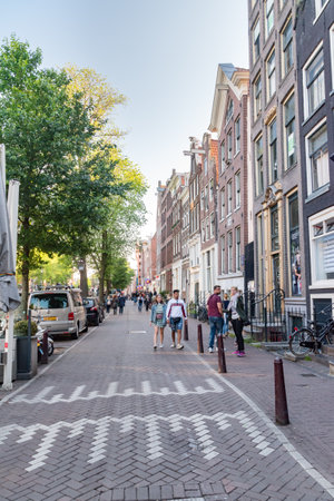 Amsterdam, Netherlands - June 6, 2019: View of pedestrian street in De Wallen district.のeditorial素材