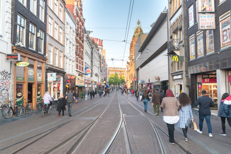 Amsterdam, Netherlands - June 6, 2019: View of Reguliersbreestraat street with people in Amsterdam.のeditorial素材