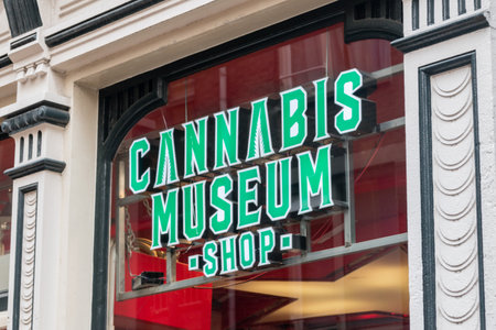 Amsterdam, Netherlands - June 7, 2019: View of Cannabis Museum shop sign on the store.