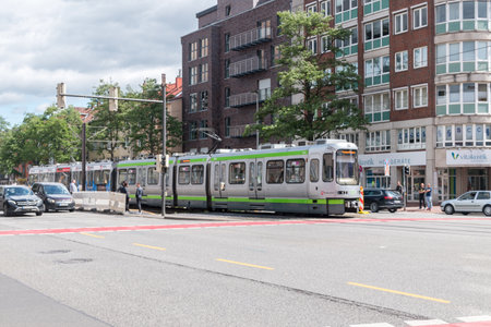 Hanover, Germany - June 8, 2019: Crossroad with German tram in Hanover.のeditorial素材