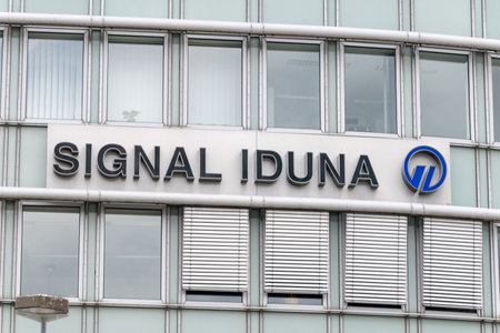 Hanover, Germany - June 8, 2019: Sign and logo of Signal Iduna. Signal Iduna is a German financial services company headquartered in Dortmund and Hamburg.のeditorial素材