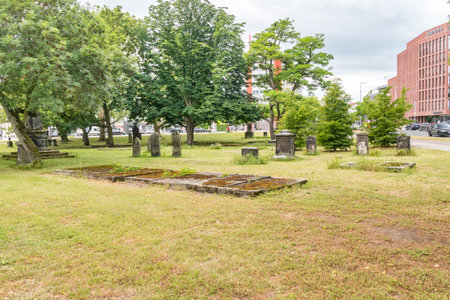 Hanover, Germany - June 8, 2019: Old epitaphs next to the St. Nicholas' Chapel at cloudy day.のeditorial素材