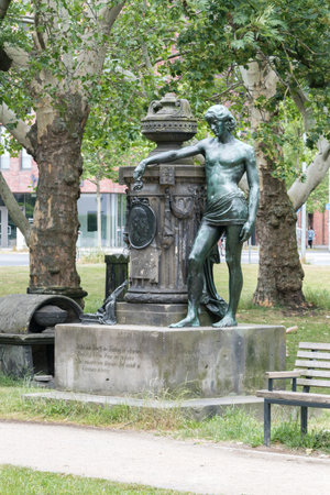 Hanover, Germany - June 8, 2019: Sculpture on the square next to the St. Nicholas' Chapel at cloudy day.のeditorial素材