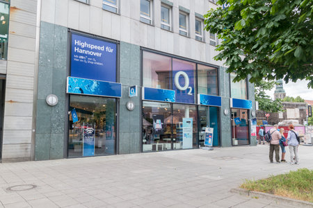 Hanover, Germany - June 8, 2019: O2 Germany storefront with logo O2 logo. O2 is provider of broadband, landline and mobile telecommunications in Germany.のeditorial素材