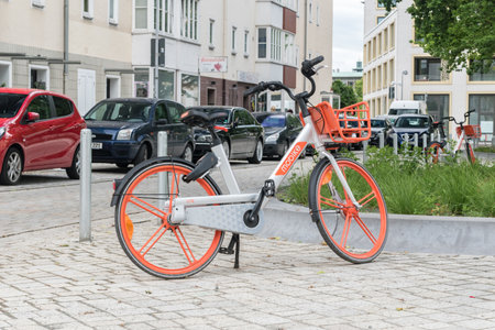 Hannover, Germany - June 8, 2019: Mobike rental bicycle parked on pavement.のeditorial素材