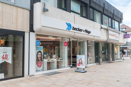 Wolfsburg, Germany - June 8, 2019: Entrance to Becker + Floge. Becker + Floge is one of the largest opticians in Germany.のeditorial素材