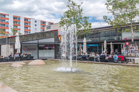 Wolfsburg, Germany - June 8, 2019: Water fountain in city centre of Wolfsburg city.のeditorial素材