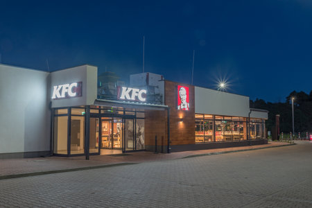 Kolbaskowo, Poland - June 8, 2019: KFC restaurant at night.のeditorial素材