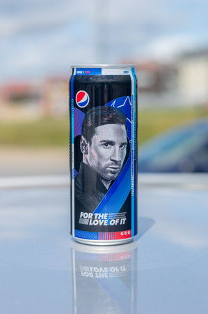 Pruszcz Gdanski, Poland - July 2, 2019: Can of Pepsi drink with Leo Messi picture.のeditorial素材
