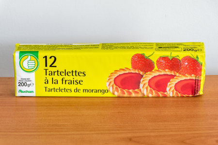 Pruszcz Gdanski, Poland - June 10, 2019: Auchan pack of strawberry jelly cookies.のeditorial素材