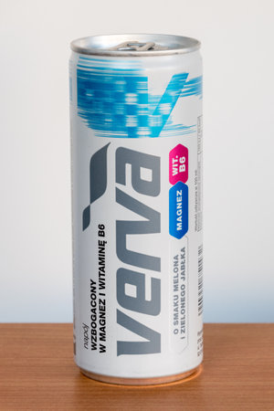 Pruszcz Gdanski, Poland - June 9, 2019: Verva drink with melon and green apple flavored drink. Verva drink with magnesium and Vitamin B6.のeditorial素材