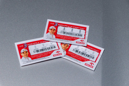 Deblin, Poland - June 28, 2019: 3 winning scratch cards from a Orlen gas station.のeditorial素材