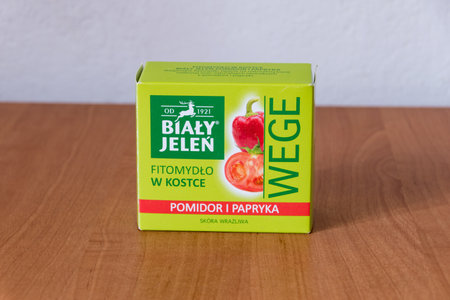 Deblin, Poland - June 29, 2019: Bialy Jelen Wege soap with tomato and paprika.のeditorial素材