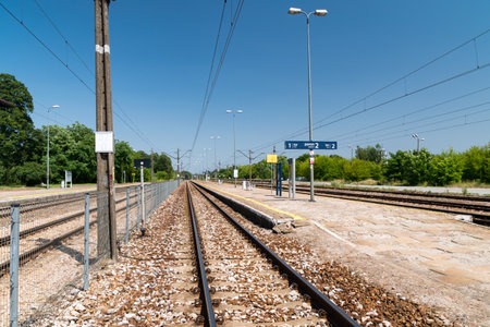 Garbatka-Letnisko, Poland - June 30, 2019: View of tracks and platform at Garbatka-Letnisko railway station.のeditorial素材