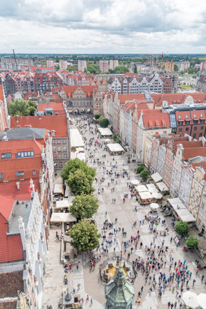 Gdansk, Poland - July 10, 2019: Top view of the Long Market street.