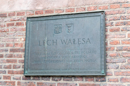 Gdansk, Poland - July 10, 2019: Plaque commemorating Lech Walesa, President of the Republic of Poland, leader of solidarity and Nobel Peace Prize winner.のeditorial素材