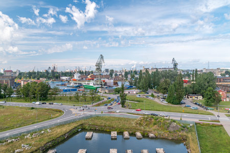 Gdansk, Poland - July 10, 2019: View of Gdansk with the Gdansk shipyard.のeditorial素材