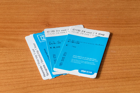 Pruszcz Gdanski, Poland - July 12, 2019: P+R and two 24 hours Amsterdam public transport tickets.のeditorial素材