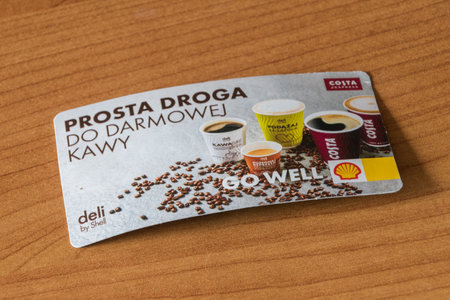 Pruszcz Gdanski, Poland - July 12, 2019: Shell card to collect stickers for free coffee.のeditorial素材